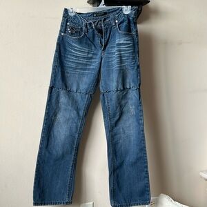 Baggy Jeans with grungey, cybercore detailing, stitched legs